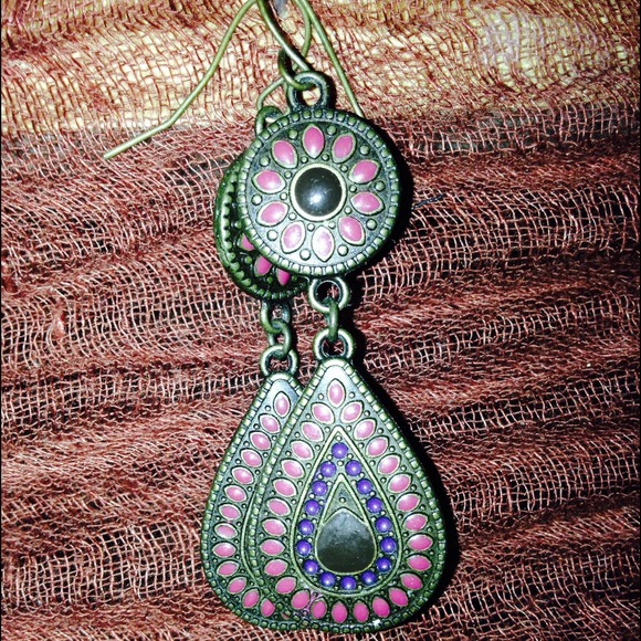 Purple and Pink Tribal Tear Drop Earrings