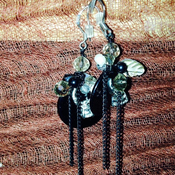 Black White Silver Dangly Earrings