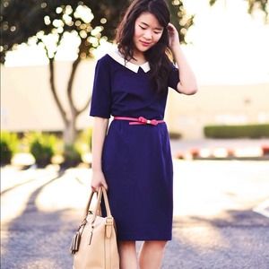 New navy blue white collar pencil midi dress