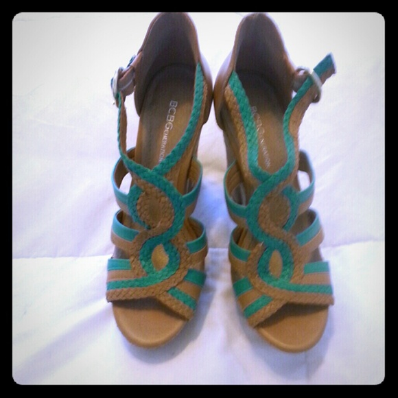 Turquoise and camel summer wedges.