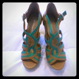 Turquoise and camel summer wedges.