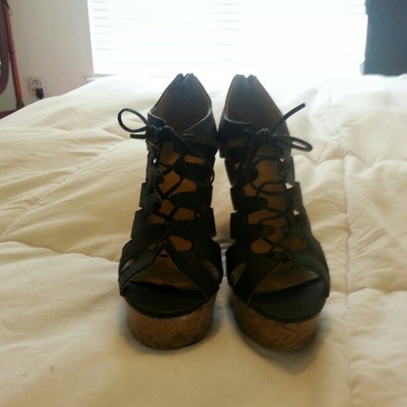Black lace up cork wedges