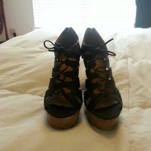 Black lace up cork wedges