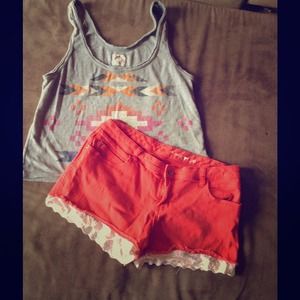 Red and Eyelet Lace Trim Shorts