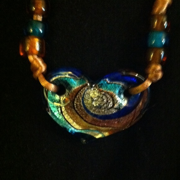 Blown glass heart n beaded string necklace