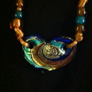 Blown glass heart n beaded string necklace