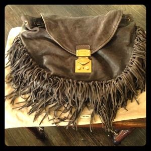 Large dark brown leather fringe bag