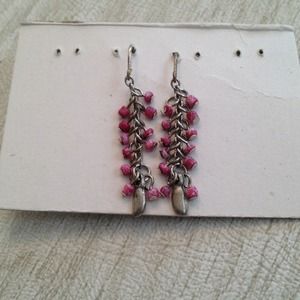 Silver and purple pink long dangle beaded earrings