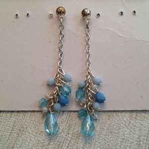 Silver and light blue beaded dangle stud earrings