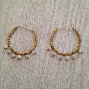 Gold and white beaded hoop earrings, handmade