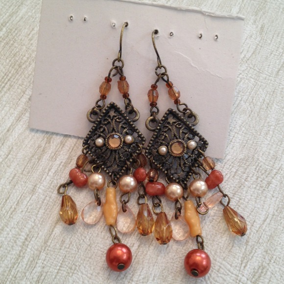Bohemian bronze brown & pink beaded dangle earring