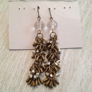 long gold and white beaded dangle earrings