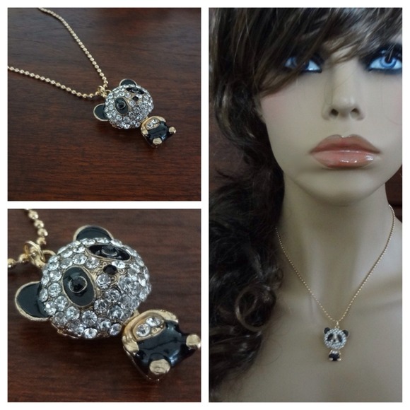 Rhinestone panda long chain necklace - Picture 2 of 4