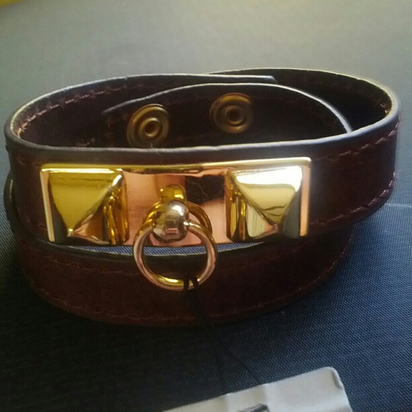 Genuine Brown Leather Wrap Bracelet w/ Gold Detail - Picture 2 of 4