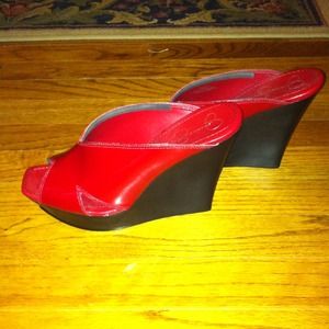 Red patent leather wedges worn once.