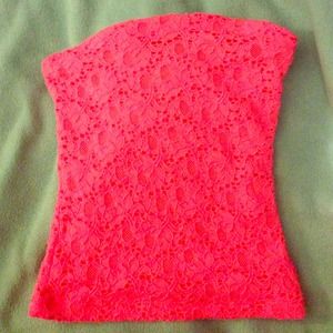 Lace cropped tube top neon coral