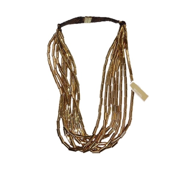 MICHAEL KORS Gold Brown Snakeskin Leather Necklace