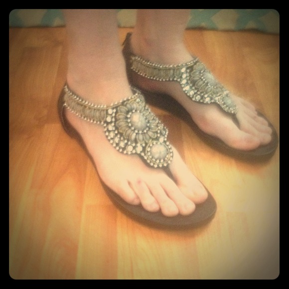 Fancy beaded t-strap sandals