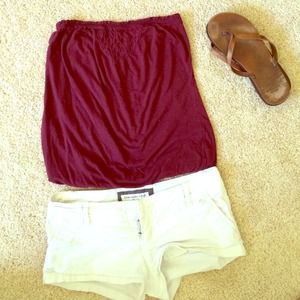 Burgundy casual tube top and red glitter shorts
