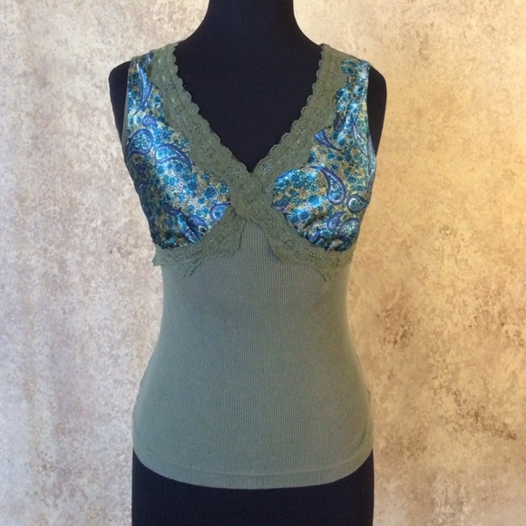 Bisou Bisou Green Satin Paisley Ribbed Tank Top M
