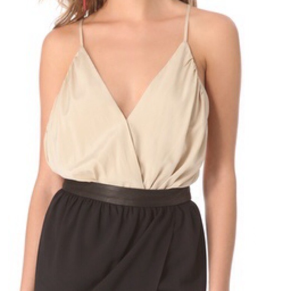 Tan/beige/sand deep v drapeneck open back bodysuit