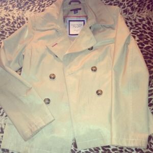 Tommy H. short khaki trench jacket.