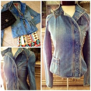 Asymmetric moto style jean jacket