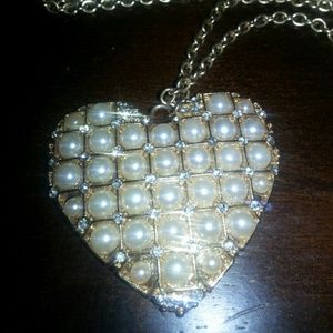 Pearl & Rhinestone Heart Necklace