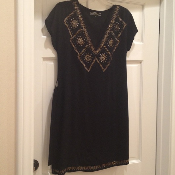 Black V-Neck Short Sleeve Belted Dress (S)