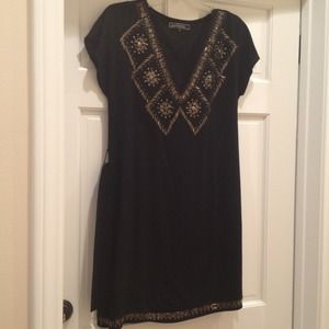 Black V-Neck Short Sleeve Belted Dress (S)