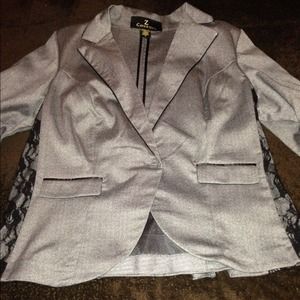 Gray blazer with black lace.