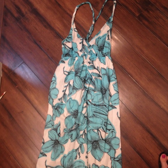 Blue hibiscus print rolled strap dress
