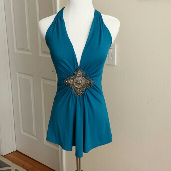 ENERGY Teal blue halter top with embellishment - Picture 2 of 4
