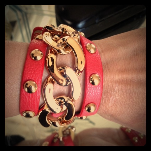 Rose Gold red chain studded wrap bracelet - Picture 1 of 6