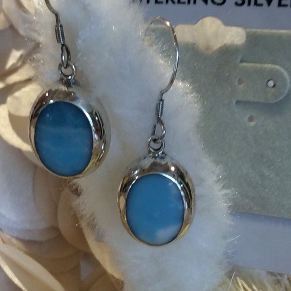 New STERLING SILVER Turquoise Oval  Drop Earring - Picture 3 of 4