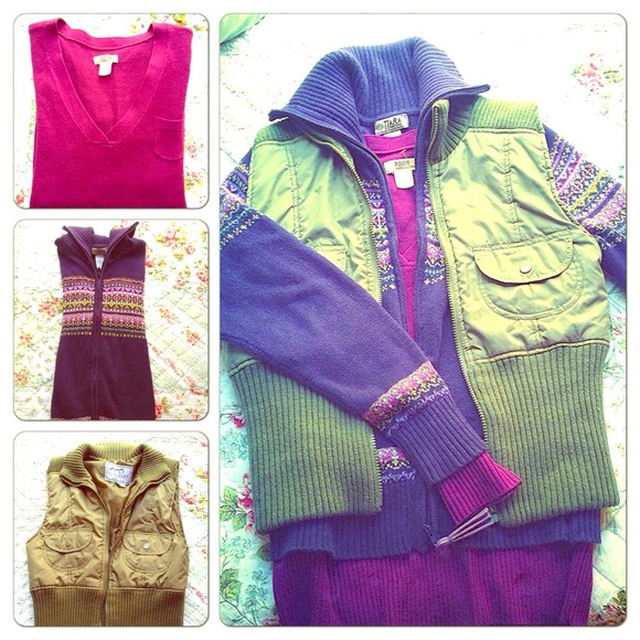 Olive Green Vest/Purple Zip Up Sweater