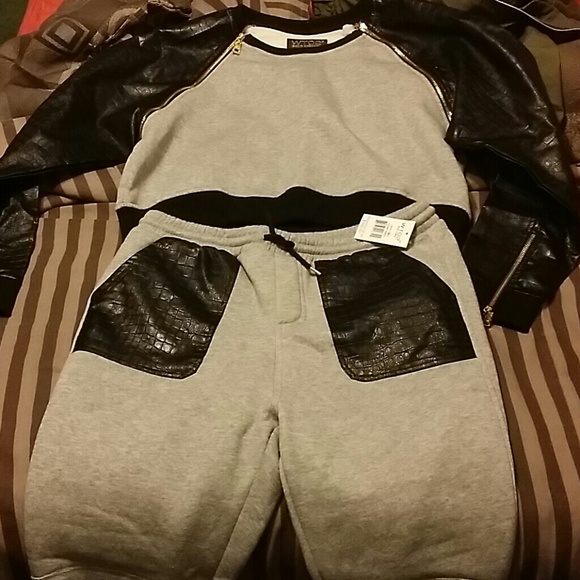Black and Gray leather and cotton jogging suit