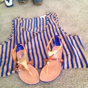 Blue,orange, tan sandals with gold detail in front