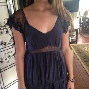 Navy blue satin dress with lace sleeves