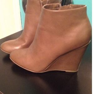 Camel colored wedge bootie