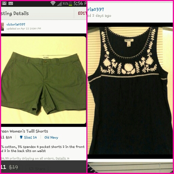 Navy blue tank top and green shorts