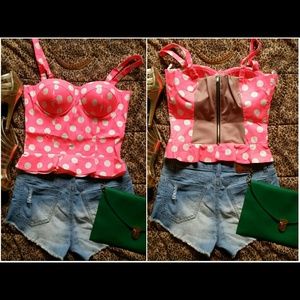 Neon Pink and white polkadotted bustier croptop