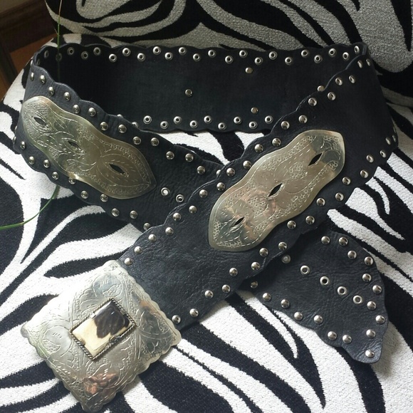 Leather studded BELT w silver plates, one of kind - Picture 1 of 2