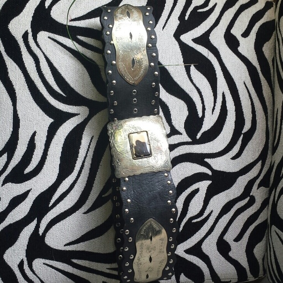 Leather studded BELT w silver plates, one of kind main image 2