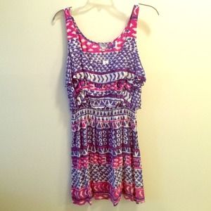 Geometric blue and pink cinch waist summer dress L