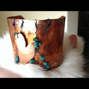 Tortured heart copper and turquoise cuff