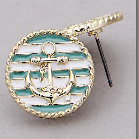 Mint & white striped anchor earrings - Picture 2 of 4