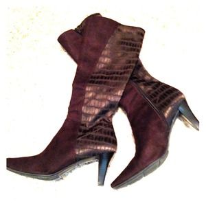 Brown Faux suede and faux alligator fabric boots