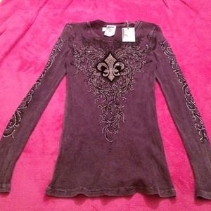 Purple designed long sleeve tee with rhinestones