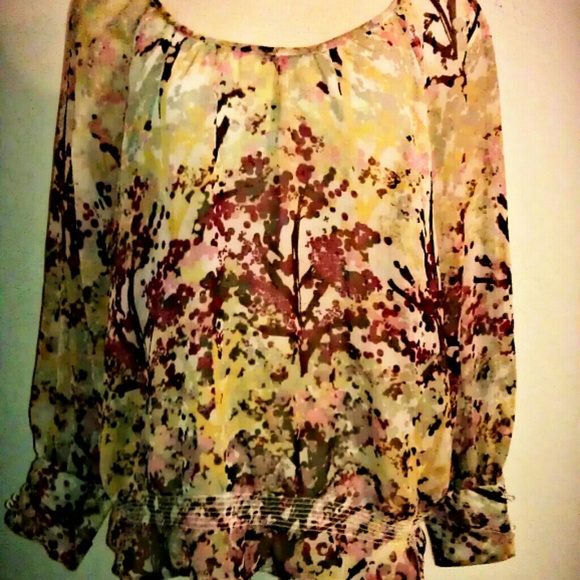 H&M watercolor floral sheer chiffon peasant top